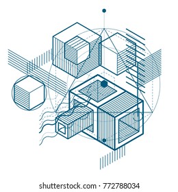 Lines and shapes abstract vector isometric 3d background. Layout of cubes, hexagons, squares, rectangles and different abstract elements.