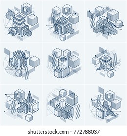 Lines and shapes abstract vector isometric 3d backgrounds. Layouts of cubes, hexagons, squares, rectangles and different abstract elements. Vector collection.