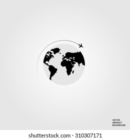 Lines. Silhouette airplane.  Roundabout Circulation. Flight around the world. Earth. Map of the ground. Airplane and globe.  Vector illustration