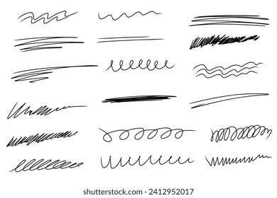 Líneas. Esbozo resaltado subrayado, líneas, trazos, énfasis, resaltado de ondas. Marca de verificación dibujada a mano subrayado. Ilustración del marcador de mano libre vectorial en fondo blanco