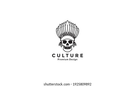 Lines skull with Tribal Headdress feathers Indian logo design vector icon symbol graphic illustration