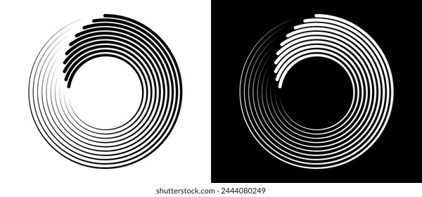 Lines in spiral abstract background. Dynamic transition illusion. Black shape on a white background and the same white shape on the black side.