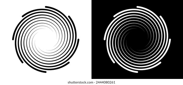 Lines in spiral abstract background. Dynamic transition illusion. Black shape on a white background and the same white shape on the black side.