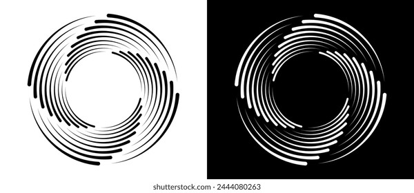 Lines in spiral abstract background. Dynamic transition illusion. Black shape on a white background and the same white shape on the black side.