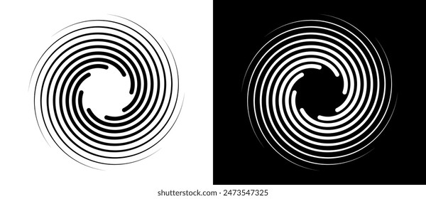 Lines in spiral abstract background. Dynamic transition illusion. Black shape on a white background and the same white shape on the black side.