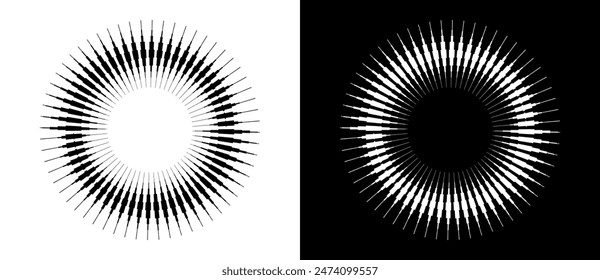 Lines in spiral abstract background. Dynamic transition illusion. Black shape on a white background and the same white shape on the black side.