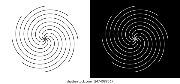 Líneas en espiral de fondo abstracto. Ilusión de transición dinámica. Forma negra sobre fondo blanco y la misma forma blanca en el lado negro.