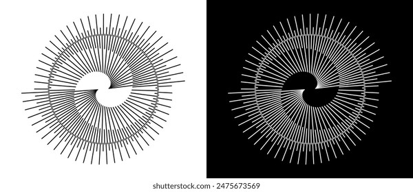 Lines in spiral abstract background. Dynamic transition illusion. Black shape on a white background and the same white shape on the black side.