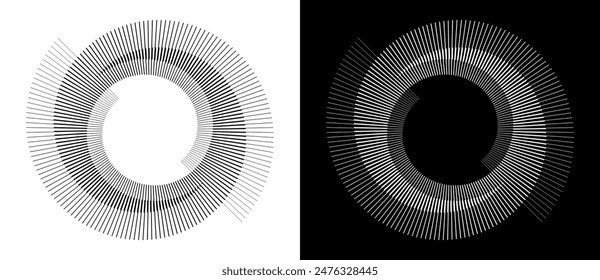 Líneas en espiral de fondo abstracto. Ilusión de transición dinámica. Forma negra sobre fondo blanco y la misma forma blanca en el lado negro.