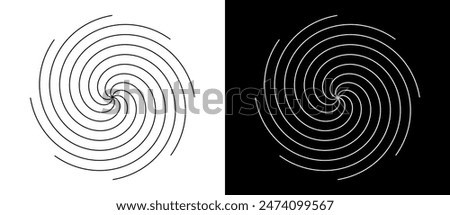 Lines in spiral abstract background. Dynamic transition illusion. Black shape on a white background and the same white shape on the black side.