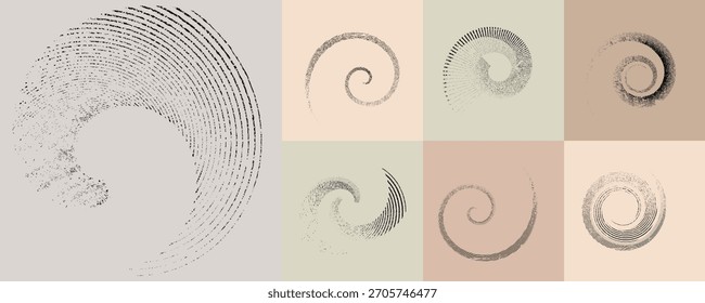Linien und Spiralen in Kreisform .Rotieren abgerundete Form Vektor .Rotierende Punkte bilden einen Kreis .Rotierende und lineare Design-Element . Verschiedene Linien, die eine runde Form bilden. Abstrakte geometrische Linienart 
