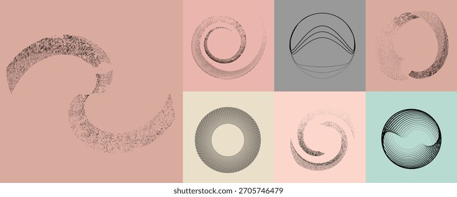 Líneas y espirales en forma de círculo. Girar el Vector de forma redondeada. Los puntos giratorios forman un círculo. Elemento de diseño giratorio y lineal. Diversas líneas que forman forma redonda . Arte de línea geométrica Abstractas 