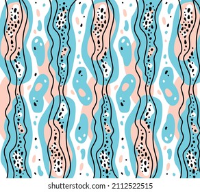 Lines and spots. Abstract cute background consisting of blue and pink spots and black wavy lines.