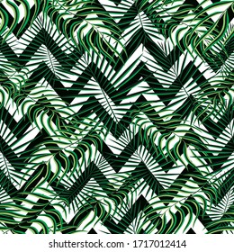 Lines Spring Repeated Vintage Graphic Foliage. Green Repeated Plant Graphic Pattern. Zig Zag Vector, Pattern Bright Seamless Pattern. Tropical, Eco Seamless Exotic Vector Leaf.