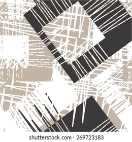 Lines and squares in a chaotic creative pattern, seamless vector background.