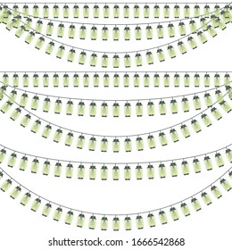 Lines of stripes decorating a park of lanterns garlands of incandescent light bulb set vector illustration isolated on white background.