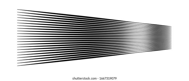 Lines, stripes in perspective. 3d strips vanishing, diminishing to horizon. Angle burst radial lines. Straight, parallel, horizontal streaks