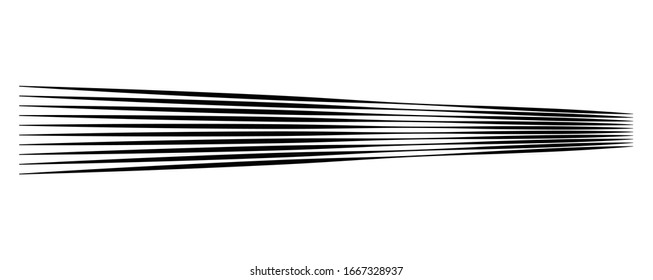 Lines, stripes in perspective. 3d strips vanishing, diminishing to horizon. Angle burst radial lines. Straight, parallel, horizontal streaks