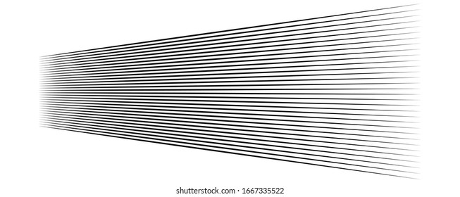 Lines, stripes in perspective. 3d strips vanishing, diminishing to horizon. Angle burst radial lines. Straight, parallel, horizontal streaks