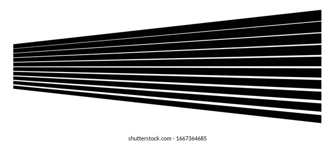 Lines, stripes in perspective. 3d strips vanishing, diminishing to horizon. Angle burst radial lines. Straight, parallel, horizontal streaks