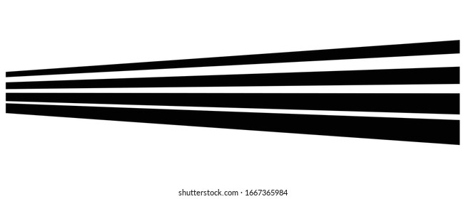 Lines, stripes in perspective. 3d strips vanishing, diminishing to horizon. Angle burst radial lines. Straight, parallel, horizontal streaks