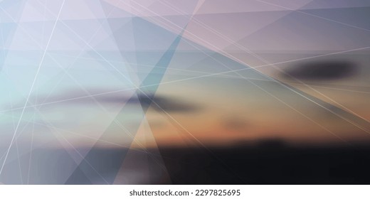 Lines, Stripes, Translucent Geometric Shapes Pattern on Abstract Blurred Brown, Red, Golden and Blue Sunset Sky Vector Background, Texture Design, Wide Scale Multipurpose Vector Template