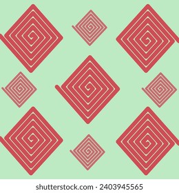 Las líneas que circulan juntas muchas veces, como una espiral, pero son triángulos de diamantes. Parece un juego de laberinto, líneas rojas en un fondo verde claro.