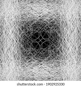 Lines and thread on a black background. White tangled chaotic pattern. White lines texture.