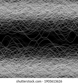 Linien und Faden auf schwarzem Hintergrund. Weißes gezwirntes chaotisches Muster. Weiße Linien Textur.