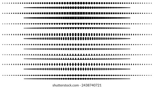 Linien Übergang von groß zu klein mit verschiedenen Formen, ausgerichtete runde Punkte, Quadrate Sterne, Diamanten Herzen, minimale einfache Linien