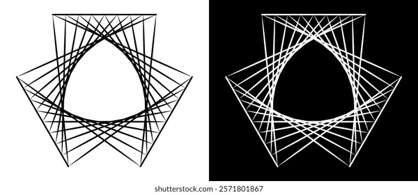 Lines in triangle abstract background, logo or icon. Dynamic transition illusion. Black shape on a white background and the same white shape on the black side.