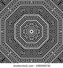 Lines tribal ethnic seamless pattern. Ornamental vector black and white background. Greek key, meanders. Abstract geometric ornament with octagons, shapes, mazes, lines, rhombus. Ornate repeat design.