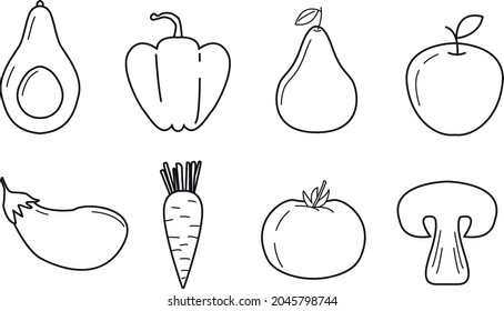 Lines vegetables, vegetables, avocado, fruit, pepper , pear, apple, eggplant, carrot , tomato , mushroom, mushroom, black and white