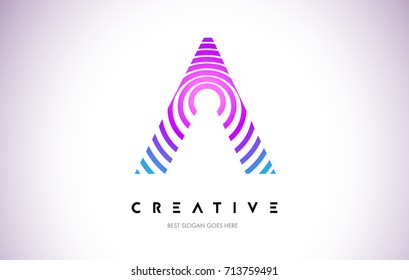 A Lines Warp Logo Design.Vector Letter Icon Made with Purple Circular Lines.