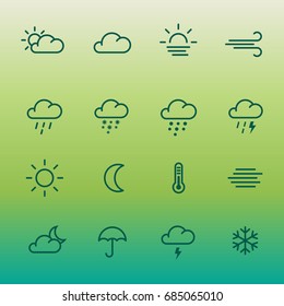 Lines Weather Forcast Icon Set On Green Gradient. 