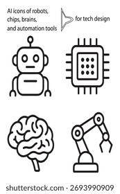 Ícones de IA em estilo de linha de robôs, chips, cérebros e ferramentas de automação para design técnico.