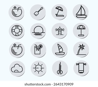  line-style beach and summer icons. Includes illustrations of coconut drinks, lifebuoy, beach umbrella, sailboats, palm trees, towel, and sun. Ideal for vacation flyers, travel apps