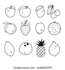 Line-style fruit set. Apple orange lime lemon cherry peach strawberry kiwi melon papaya coconut pineapple