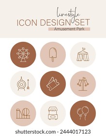 Linestyle Icon Design Set Amusement Park