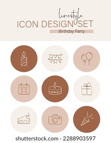 Linestyle Icon Design Set Birthday Party