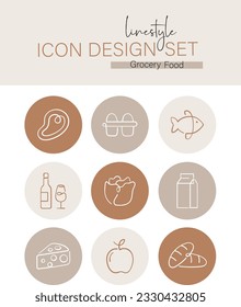 Linestyle Icon Design Set Grocery Food