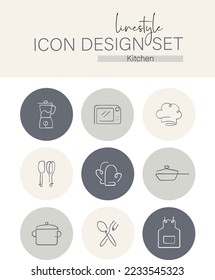 Cocina del conjunto de diseño de iconos de estilo de línea