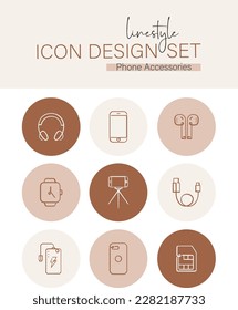 Diseño de iconos de estilo de línea conjunto Accesorios para teléfonos