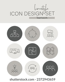 Equipo de conjunto de diseño de iconos de estilo de línea