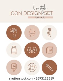 Conjunto de diseño de iconos de estilo de línea Ácido úrico