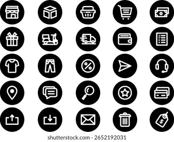 Line-style shopping and e-commerce icons in black circles. Includes cart, delivery, wallet, discount, clothing, tags, chat, and payment. Ideal for apps, websites, or UI kits.