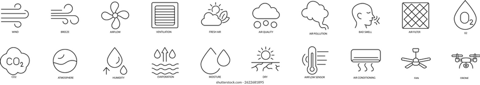 Line-style vector icons representing air, wind, breeze, and clean atmosphere concepts