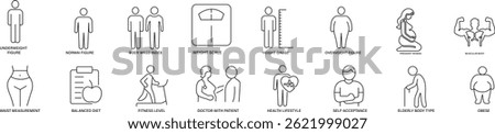 Line-style vector icons showing human body shapes with different weights and sizes