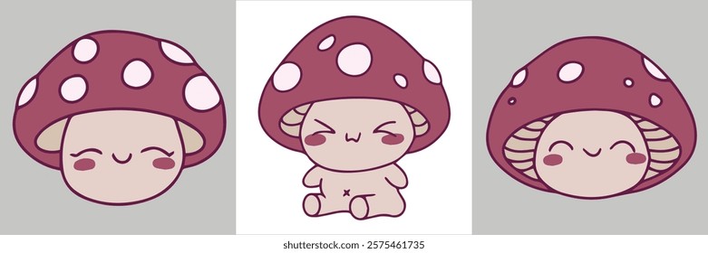 A lineup of cartoon mushrooms with red caps and white dots, arranged side by side in a minimalist and playful style