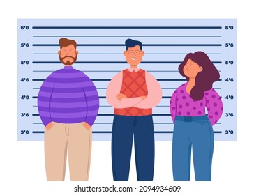 Lineup of cartoon suspects at police station. Witnesses, bandits or mafia people, identification of criminals flat vector illustration. Crime, law concept for banner, website design or landing page